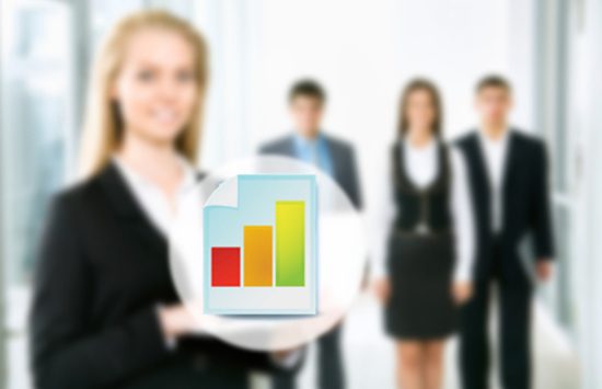 Business team with bar chart icon.